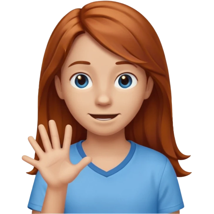 shrugging happy emoji tween long auburn hair light blue shirt with a darker blue L emoji