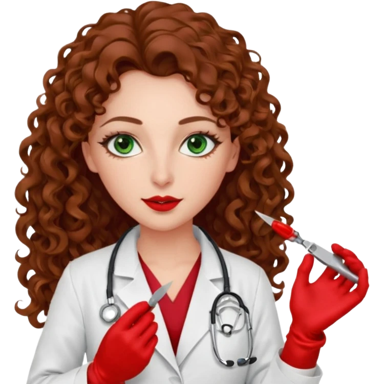 Lilith scalpel sexy evil woman. She has green eyes.  had brown long curly hair.  evil surgeon kills holding scalpel.  wears sexy doctor coat with red gloves. Covers nose, neck  and mouth with Muslim red berka emoji