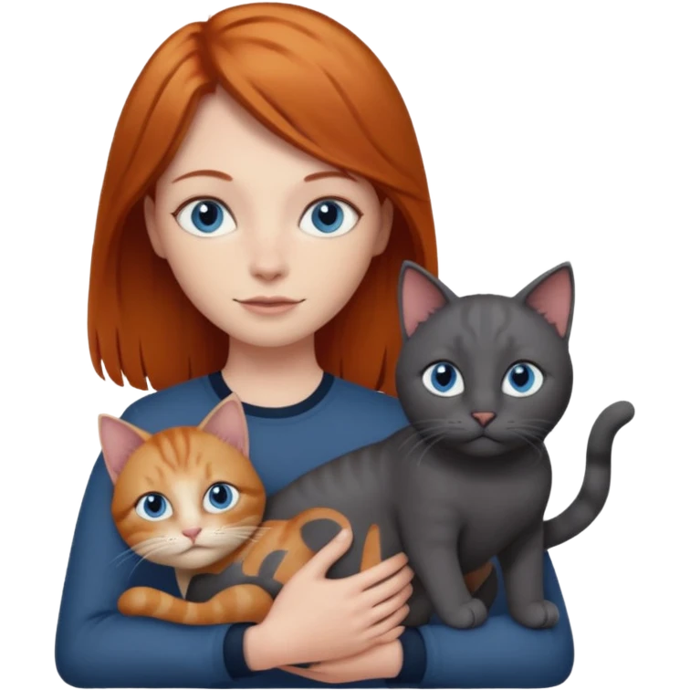 A ginger with blue eyes holding a very large dark grey cat. emoji