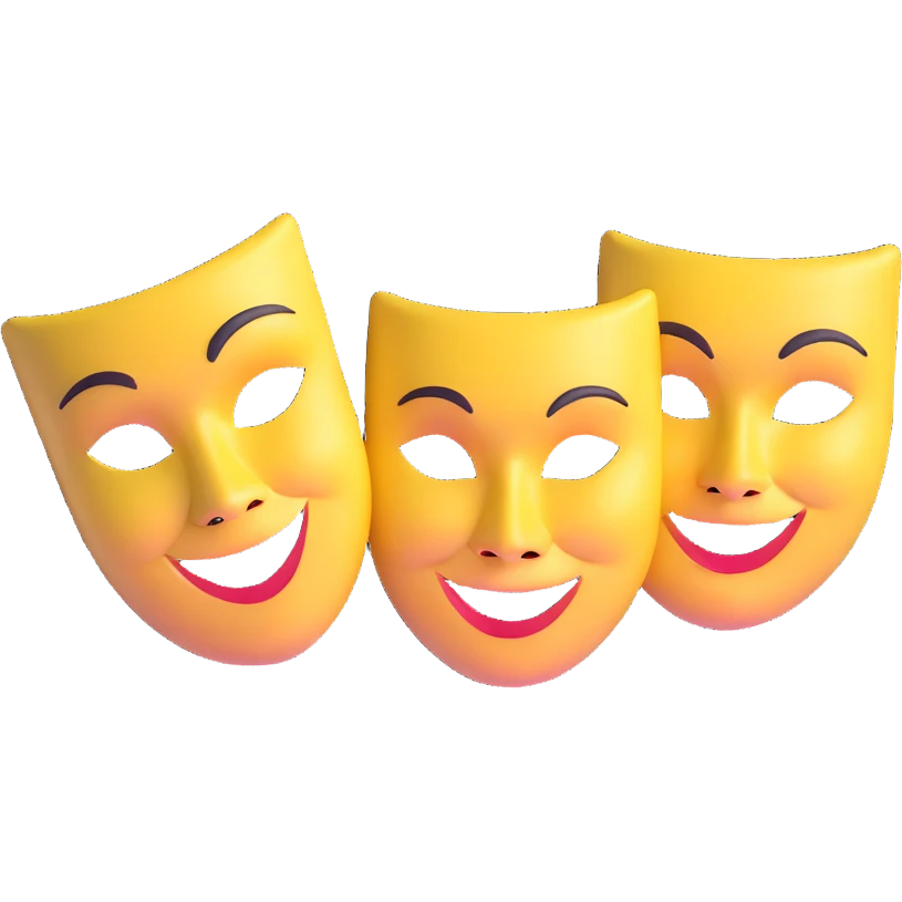 theatre masks with one mask smiling broadly and one mask frowning deeply, comedy and tragedy contrast emoji