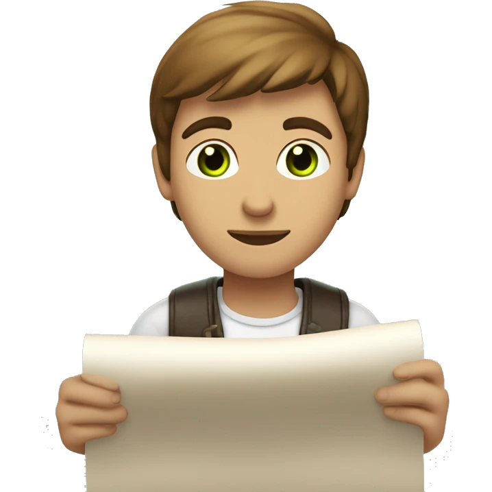 a light-skinned green-eyed man with brown hair sitting in front of the long white paper scroll emoji