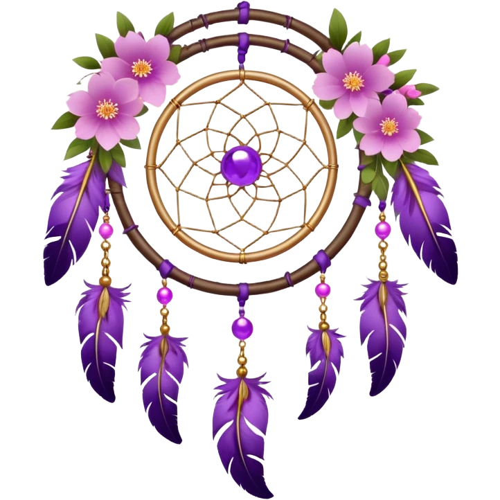 A white-wooden-circle-framed Dreamcatcher. with purple-round-orbs, gold-rings hanging down. purple flowers, pink sakura flowers, emoji