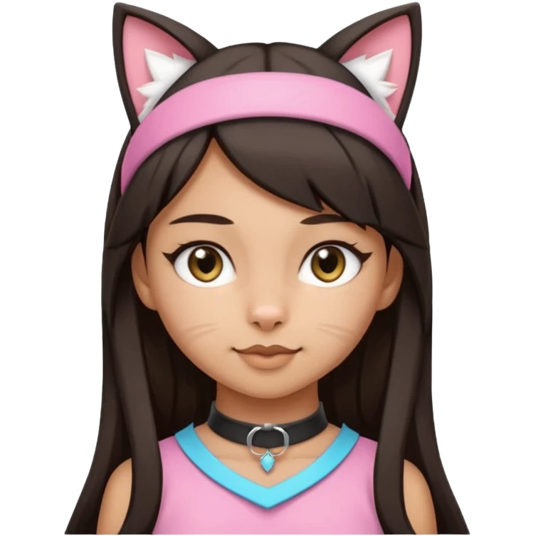 woman with medium skin tone and long straight dark hair, wearing kitten play gear including cat ears headband and collar emoji