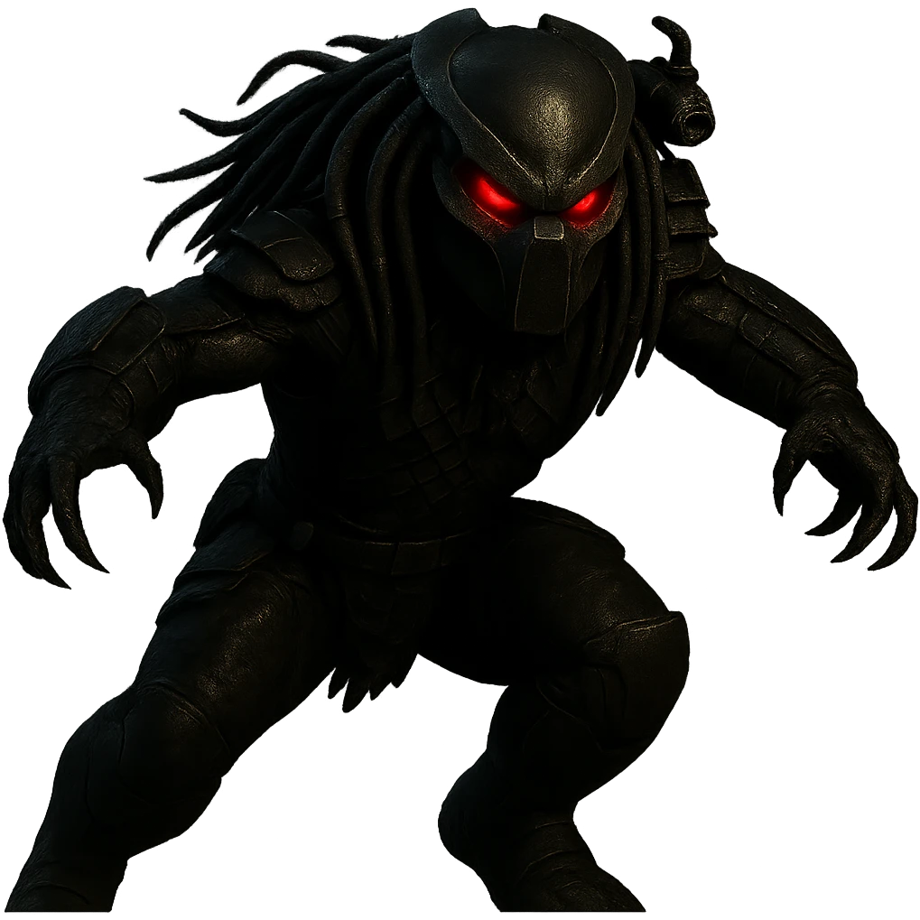 Make the Predator look even more menacing with a sharper mask, glowing red eyes, a more aggressive pose, and darker armor. Remove the background to isolate the subject. emoji