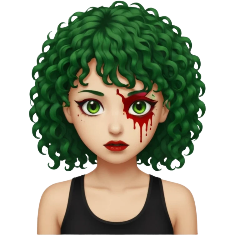 crie uma mulher, vibe total terror. mas ela com cabelo cacheado e franja. e pele verde. SAIA SANGUE DOS OLHOS VERMELHOS. ELA USA BLUSA REGATA PRETA. emoji