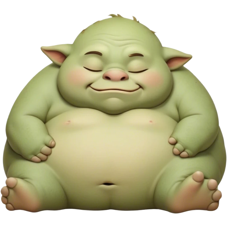 Meme-Worthy Cute Sleeping Ogre Portrait Emoji, with a surprisingly endearing, plump figure in soft earthy greens and browns, head drooping gently with closed, relaxed eyes and a content, sleepy grin, simplified yet adorably detailed, glowing with a soft warm outline that captures the peaceful slumber of a friendly ogre after a day of gentle mischief! emoji