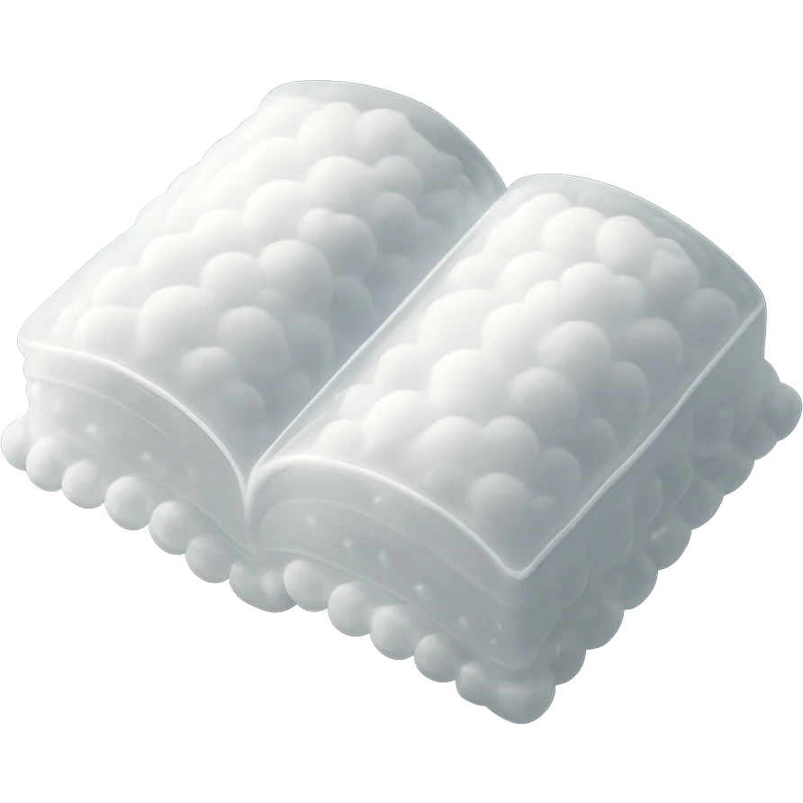 top view of a thick open book made entirely of small, very bright white fluffy convex clouds, matte glass style emoji