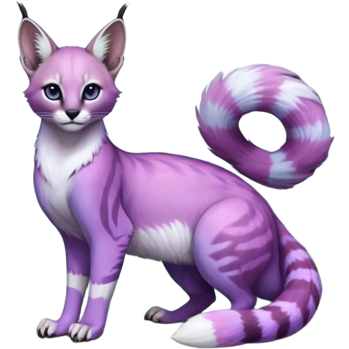 Colorful dark tropical pastel-lilac-lavender-violet iridescent pastel white glorious divine exotic cute cool beautiful shiny beautiful fantasy-caracal-civet-genet-sergal-vernid-Cacomistle-oncilla-animal-Fakémon-hybrid-fursona (full body) emoji