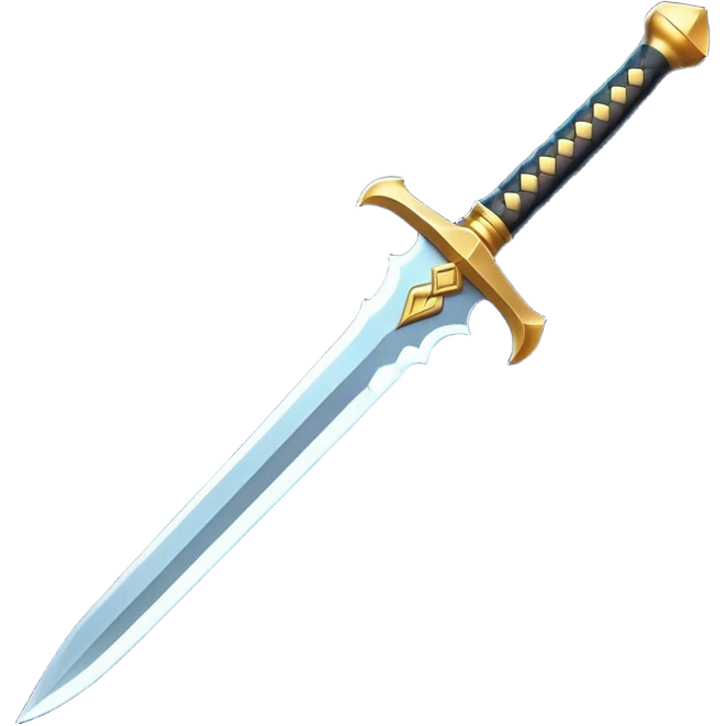 Clash of Clans aesthetic: Cinematic Playful Sword Emoji, rendered in a 3D vector-style similar to standard emojis with minimal shading and bold, simplified shapes. A compact, isometric blade with a gleaming, intricately designed hilt and a razor-sharp edge, softly glowing with a heroic, battle-ready charm. Simplified yet unmistakably iconic, highly detailed and consistent, glowing with a soft radiant brilliance and high shine. Stylized with a touch of medieval finesse and a soft glowing outline, capturing the essence of a legendary sword with a friendly, playful vibe! emoji