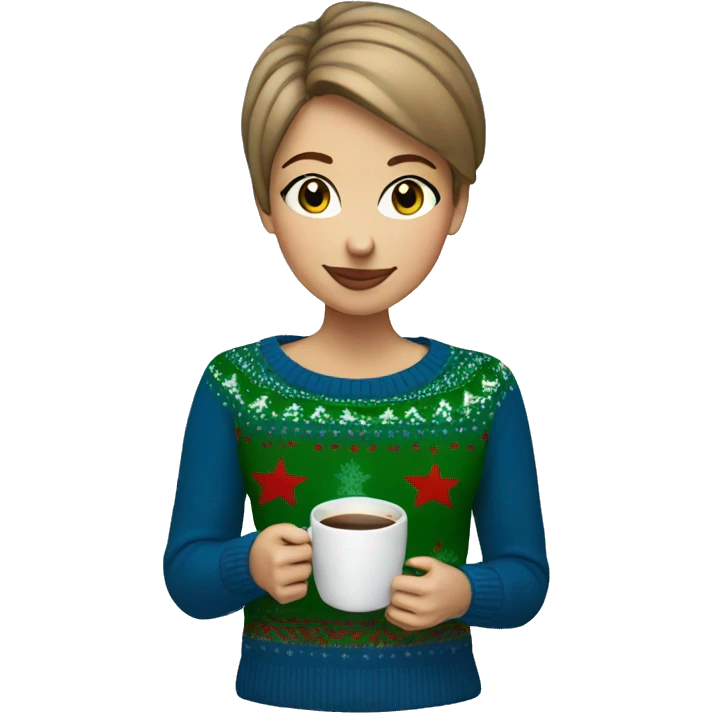 Light brown short haired girl with green eyes drinking coffee wearing blue Christmas sweater emoji