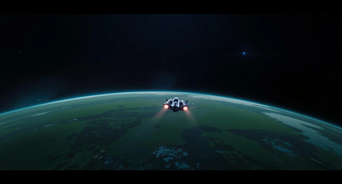 cinematic still, motion blur shutter speed, establishing shot, shot from top, entire globe green planet, single starship coming to planet, inspired by StarWars movie, captured by arri alexa  emoji