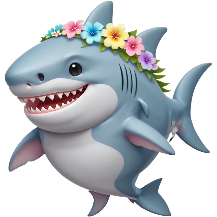 A cute chubby shark with hawaii pastel flower necklace and hawaiian flower crown, posing proudly. emoji