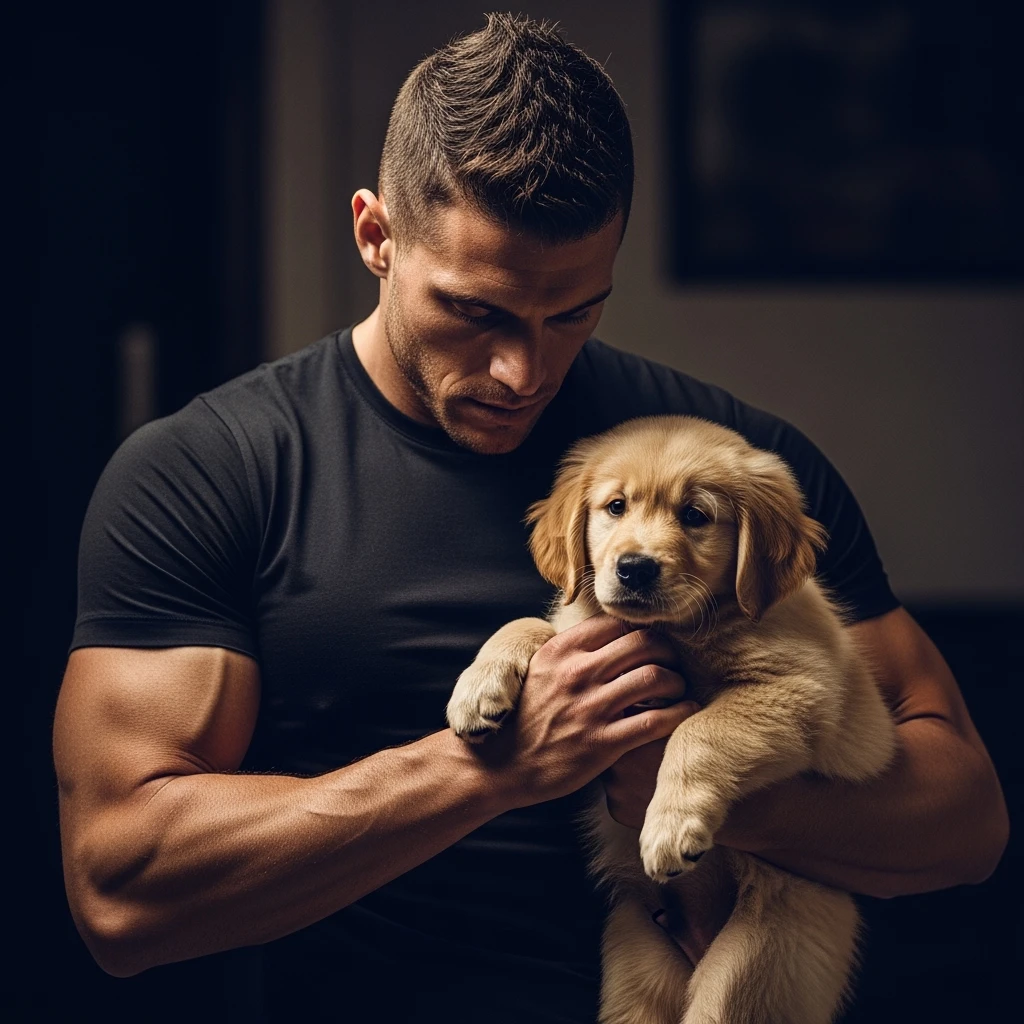 Photo of a musculated man holding puppy golden retriver, low key light emoji