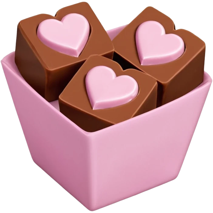 Two square milk chocolate 2 pralines only, Each praline is a sharp-edged cube with smooth glossy chocolate coating, placed in a small white fluted paper candy cup. On top of each cube is a flat pastel pink heart-shaped icing, thin and smooth, slightly translucent, with fine sugar crystal sparkle. emoji