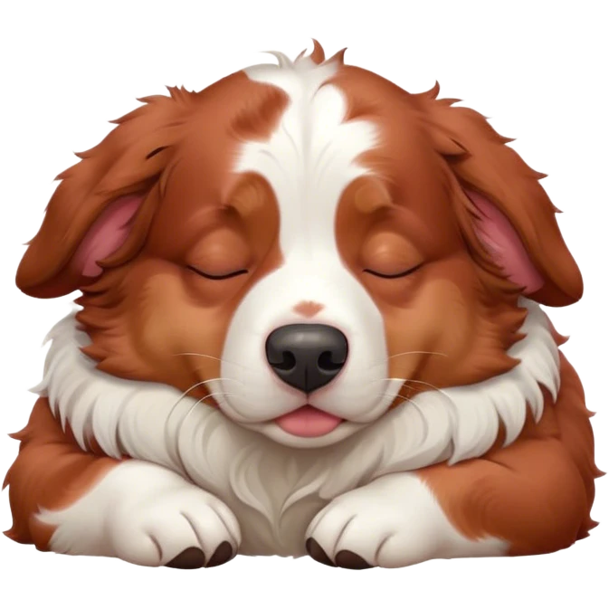 Cinematic Chubby Sleeping Red and White Merle Australian Shepherd Portrait Emoji, Chubby and serene, with a round, adorable build and a striking red and white merle coat, eyes gently closed in peaceful slumber, Simplified yet irresistibly endearing features, highly detailed, glowing with a gentle, dreamy glow, high shine, relaxed and content, stylized with a touch of whimsy, bright and heartwarming, soft glowing outline, capturing the essence of a blissfully sleepy herder, so comically serene it feels like it could roll out of the screen and snore with adorable charm! emoji
