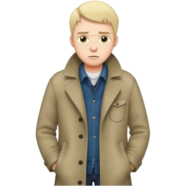 A sad man turns his pockets outside out and looks sadly at the camera emoji