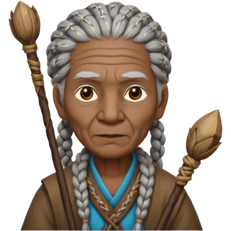 An elderly tribal leader with gray braids, wooden staff, and warm wise eyes.
 emoji