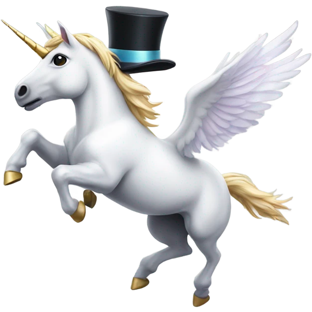 Unicorn with wings and a top hat flying over a rainbow ￼ emoji