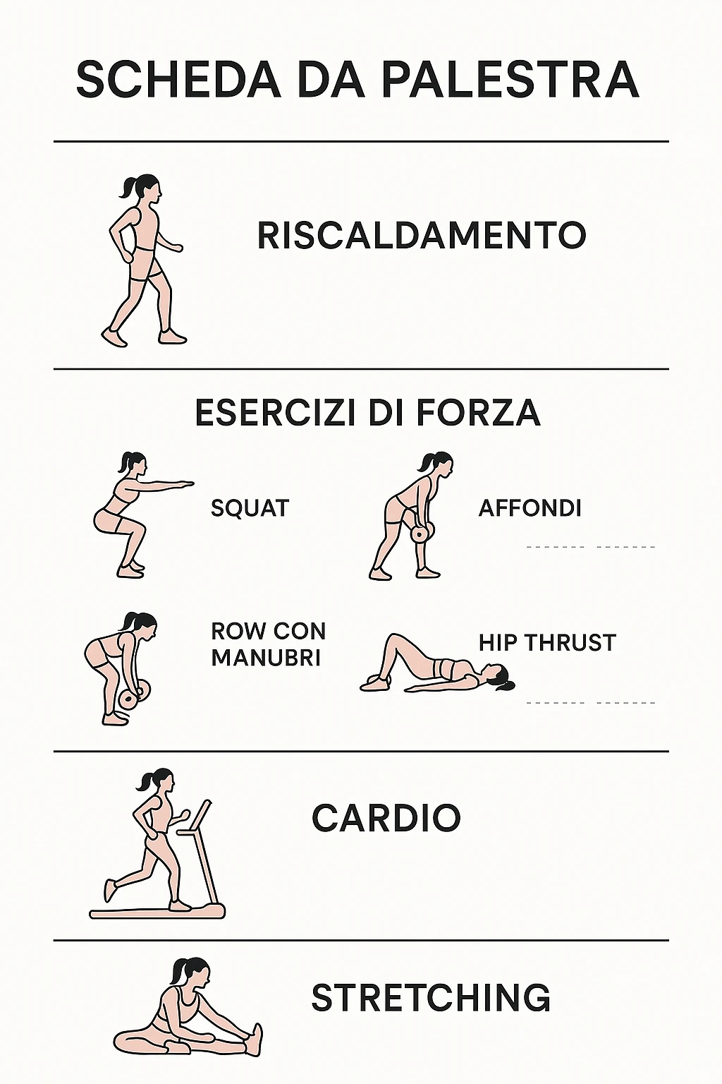 Scheda da palestra su sfondo bianco in italiano specifica per allenamento al femminile emoji