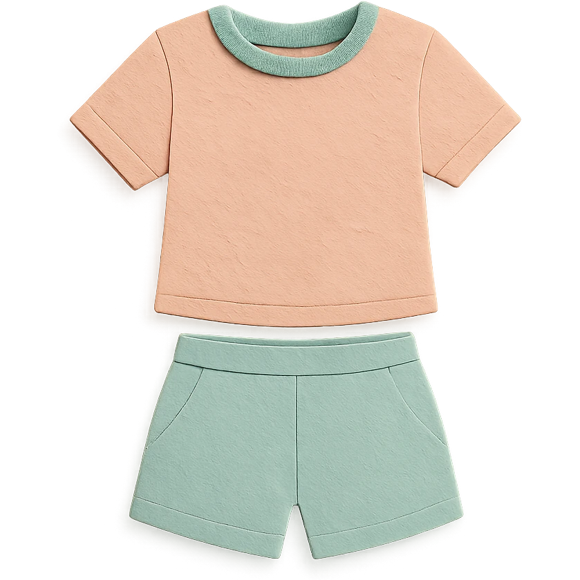 illustration of a women's short and tee shirt set in pastel colors in paper-craft style emoji