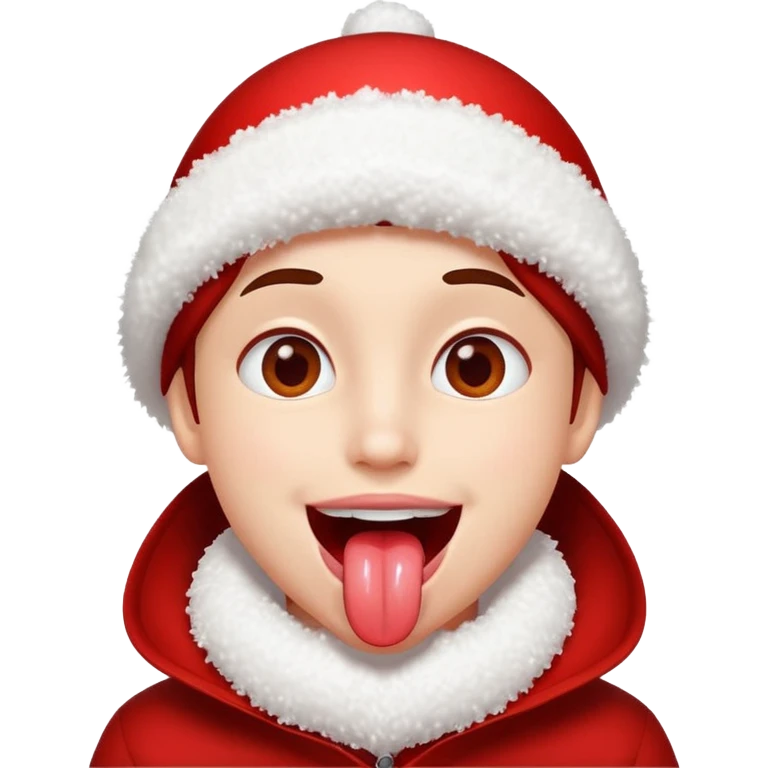 Someone got hit with a snowball and has snow on their face but is happy and smiling with their tongue out but their eyes are red emoji