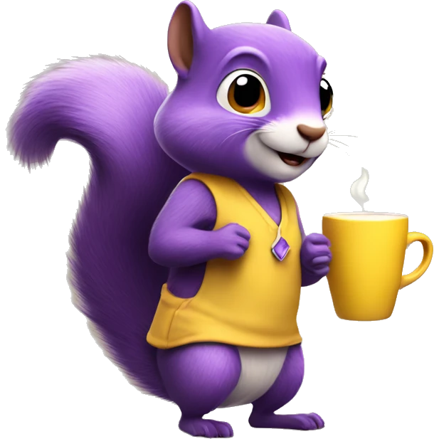 purple animated squirrel in a yellow dress with a large mug of coffee in its paws emoji