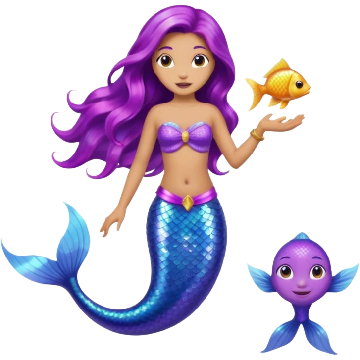 Light skin  Purple tail mermaid with fish pet emoji