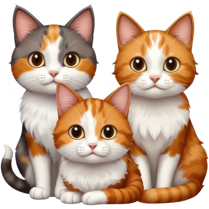 3 different coloured small cats including a dark brown tabby and white, and a patchy calico, and a ginger and white emoji