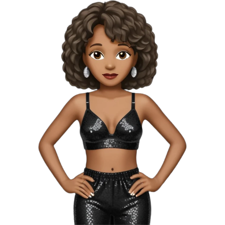 Whitney Houston with black sequin baggy bra, black sequin baggy pants emoji