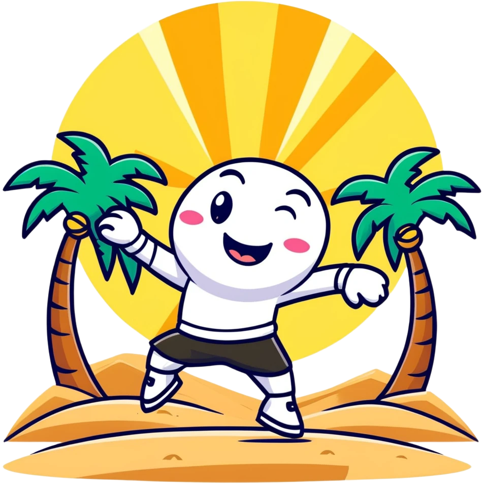 Happy cartoon character dancing on beach with sun rays highlighting them, tripa tropa party mood, sand and palm trees emoji