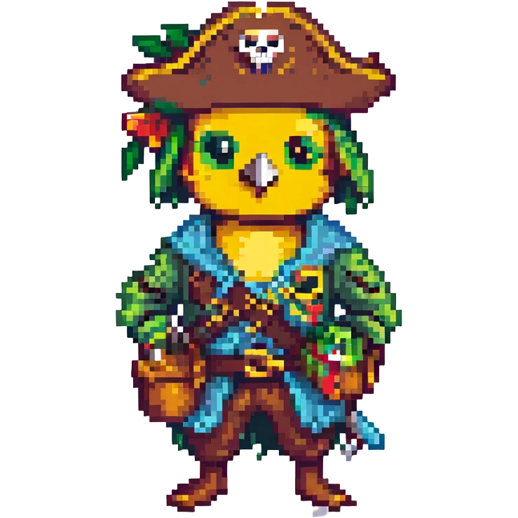 a pirate with a parrot on shoulder, pixel art style emoji