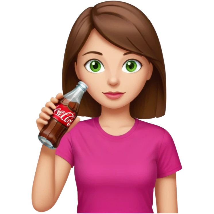 a girl with brown hair and green eyes wearing a hot pink tshirt, drinking a bottle of coca cola emoji