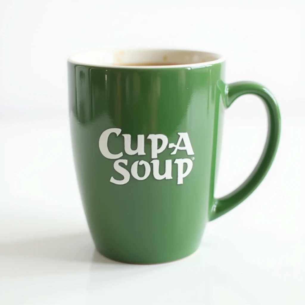 photorealistic green mug featuring the Cup A Soup logo, white background, realistic lighting emoji