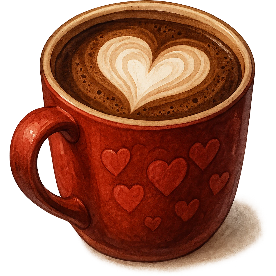 love-themed hot chocolate mug with heart-shaped foam emoji