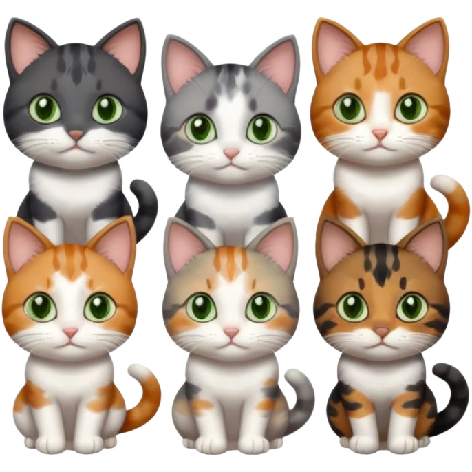 6 different coloured small cats including a dark grey and white, and a patchy calico, and a brown tabby and white,  and a completely solid dark grey with green eyes and only white paws emoji