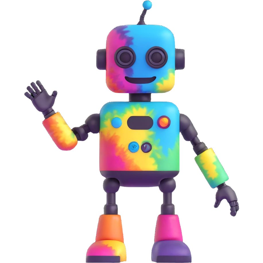 hippie robot with tie-dye shirt and smile emoji