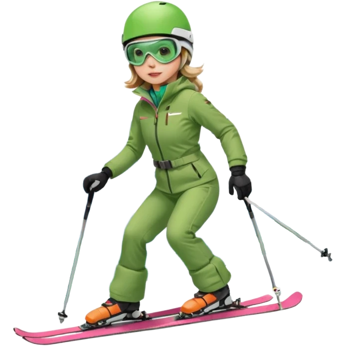 Woman, skiing, White helmet, rosa goggles Green Jacket, green trousers, background Matterhorn emoji