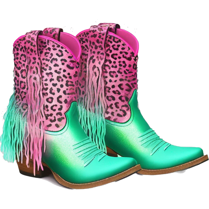 Realistic hot pink to mint green ombre leopard print pair of fashion cowgirl boots with sparkly shiny glitter fringe on them. emoji