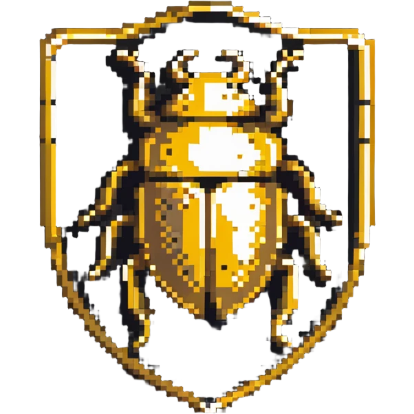 A gold shield-shaped badge with a beetle silhouette like Discord's bug hunter badge emoji