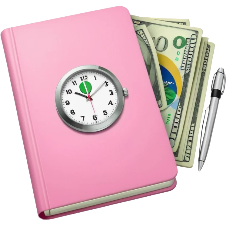 Libreta rosa, reloj blanco y un dolar emoji