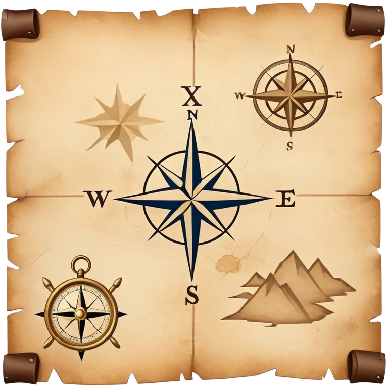 A simple treasure map with an X marking the spot, weathered edges, compass rose in the corner emoji