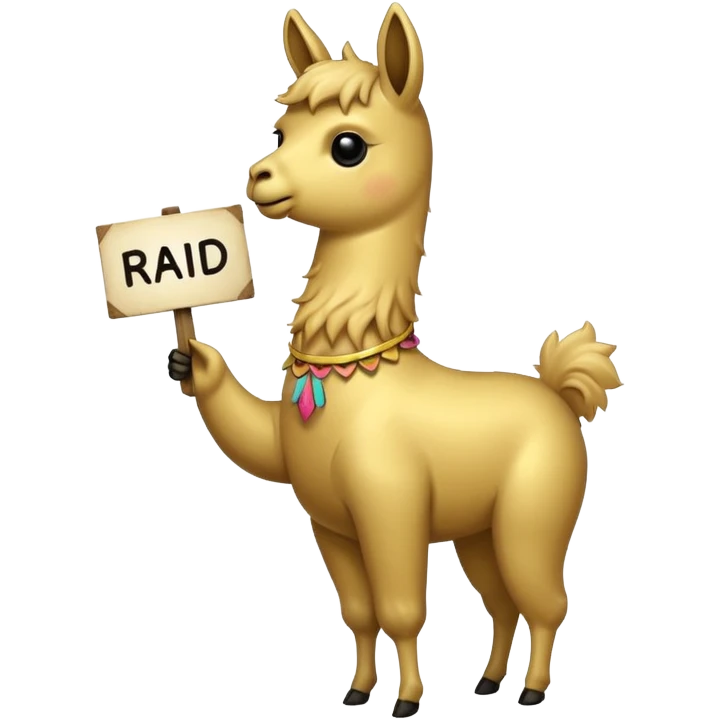 A small golden llama silhouette holding a sign in its mouth that says RAID emoji