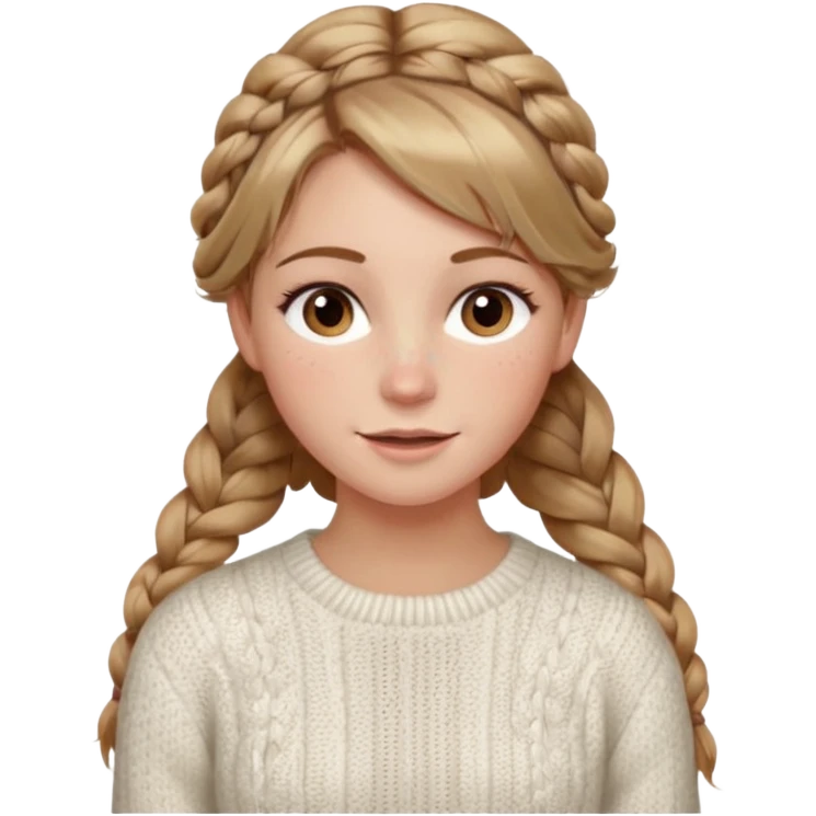 light brown hair blonde hair hazel eyes woman with a white cable knit sweater thatand one braid down her back  with tendrils of hair flowing down her face and she is happy pale, some freckles, blush. she has a cateye wing and long lashes emoji