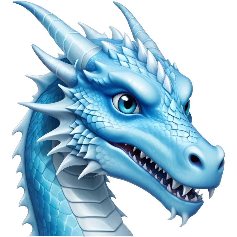 Cinematic wise elegant Ice Dragon Portrait Emoji, Poised and imposing, distinct long elegant snout, with a slender, scaled body shimmering in glacial hues of icy blue, frostbitten silver, and crystalline white, breathing out frost, with piercing, glowing ice blue white eyes that radiate the chilling depths of an arctic storm; rendered in detail. excuding wisdom emoji