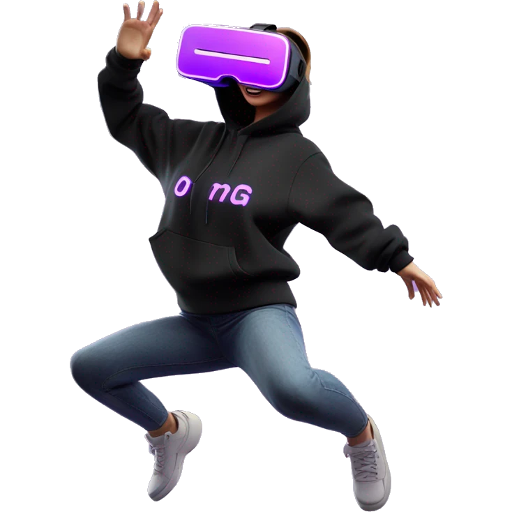 Russian girl wearing black hoody with violet letters "OMG", in vr headset oculus quest2. jumping. Cyberpunk style. Violet neon. emoji