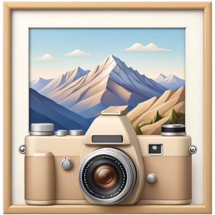 A beige camera and next to it a landscape photograph of the frame behind the camera emoji