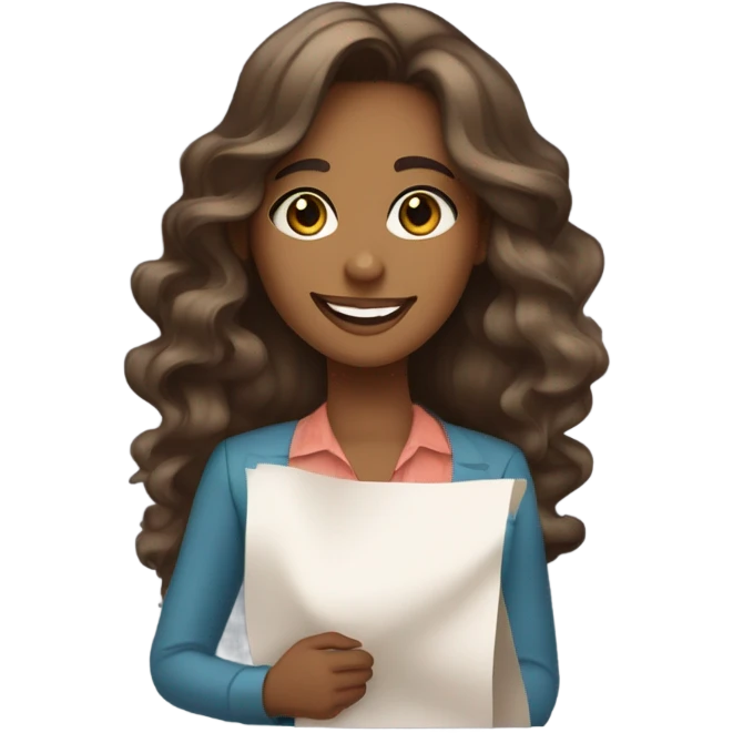 "Young woman with medium brown skin tone, long wavy hair, big sparkling eyes, a radiant smile, wearing a stylish outfit. She is holding a sheet of paper with charts and statistics in the other, looking very beautiful and adorable." emoji