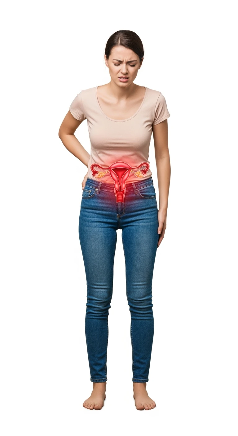 donna a figura intera con utero umano realistico in evidenza dolorante, espressione di dolore in volto, sfondo bianco, non farla computerizzata, ma iperrealistica 4k emoji