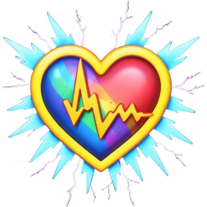neon heart with a rainbow bow with heart pattern on the bow, with lightning emoji