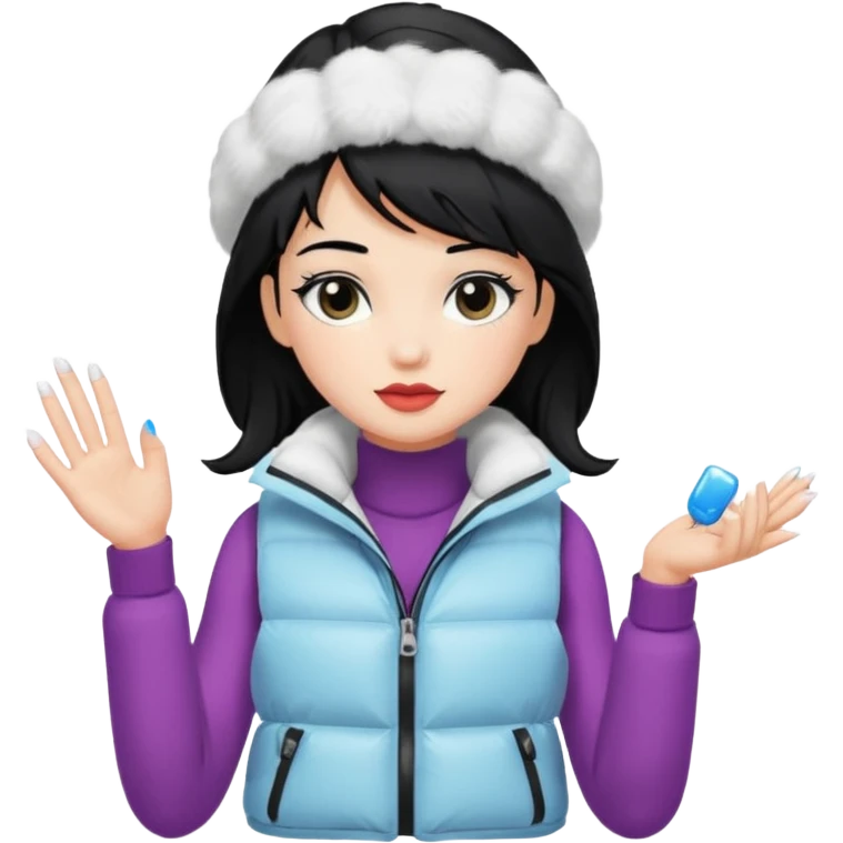girl with black hair in a white puffer vest with nails emoji